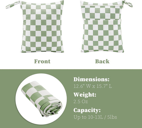 Pack 2 Ohocut Sage Green Checkered Waterproof Wet Dy Diaper Bag for Baby Essentials, Travel, Swimsuit, Beach Bag