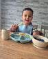 PandaEar Silicone Baby Feeding Set, 2 Divided Suction Plates + 2 Bowls + 2 Tiny Cups with Spoons (Blue White)