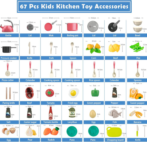 Bruvoalon 67Pcs Kids Play Kitchen Toys Set - Toddlers Pretend Cooking Playset Accessories with Pots, Pans, Utensils,