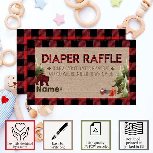 Amanda Creation Oh Boy! Outdoorsy Diaper Raffle Tickets - Red and Black Plaid for Boy Baby Showers, 20 Inserts