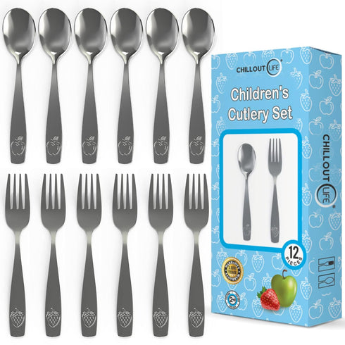 Stainless Steel Kids Silverware Set - Safe Flatware for Children, Includes 6 Small Spoons & 6 Forks