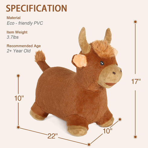 INPANY Bouncy Bull Hopping Toys, Brown Plush Highland Cow Hopper for Kids, Inflatable Farm Animal Bouncer for 2-4 Year