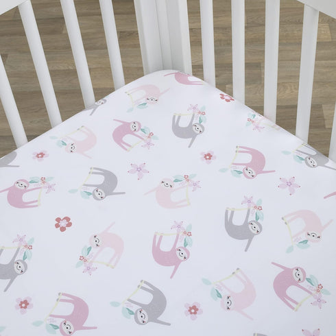Little Love by NoJo Sloth Fitted Crib Sheet - Tropical Garden Design in Pink, Grey, and White