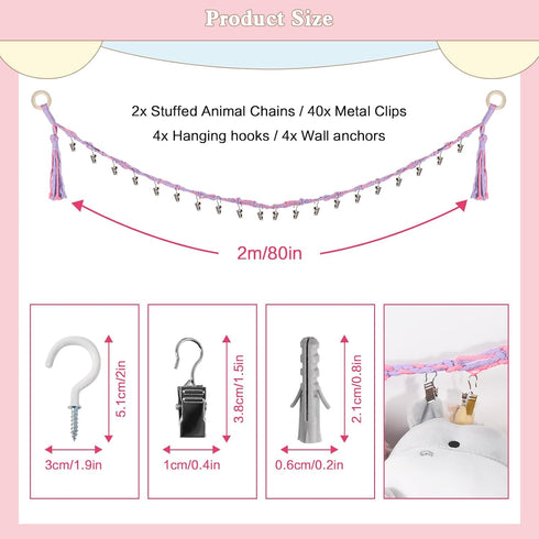 CERETIA 80" 40 Cotton Hanging Storage Chain for Stuffed Animals Storage with Metal Clips, Stuffed Animal Organizer