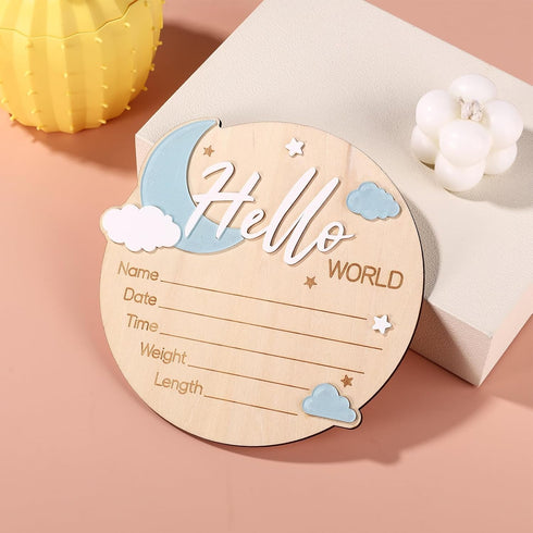 Penitue 15cm/5.91in Baby Announcement Sign, Wooden Hello World Newborn Welcome Sign Birth Baby Name Plaques
