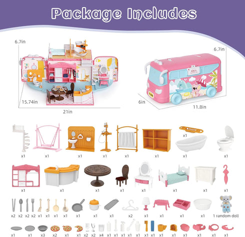 Playset, Set 3 4 5 6 MITCIEN Dollhouse DIY Pretend Portable Caravan Camper Bus Toy Kit with Little Critters Bunny Dolls