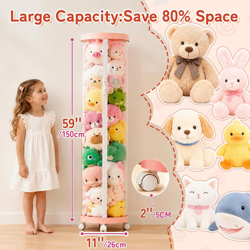 Flarelyare (150cm) 4 Upgraded Stuffed Animal Storage Tube,Tall Plush Organizer with Wheels,Pink PET Clear Bucket