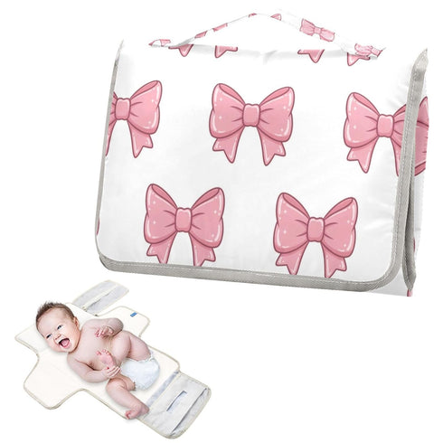 Jihqo Diaper Changing Pad Pink Bows Portable Diaper Mat with Built-in Pillow Travel Changing Station for Baby