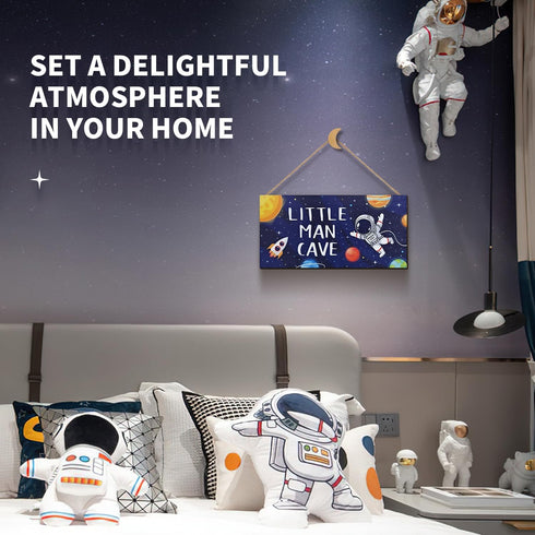 ZIEYOMI - Little Man Cave Sign Space Boys Room Decor, Astronaut Theme Bedroom Nursery Decor Hanging Wall Art, Wooden