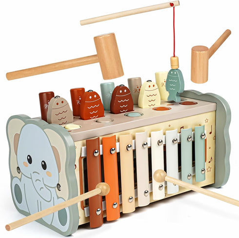 Joyreal Wooden Montessori Toys for 1+ Year Old - Whack A Mole Hammering Toy with Xylophone & Fishing Game
