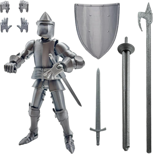 Fine 3D Printed Medieval Knight T13 Figure, Full Body Movable Toy, Metallic Silver Craft for Kids/Friends (Gray)