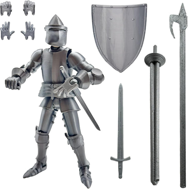Fine 3D Printed Medieval Knight T13 Figure, Full Body Movable Toy, Metallic Silver Craft for Kids/Friends (Gray)