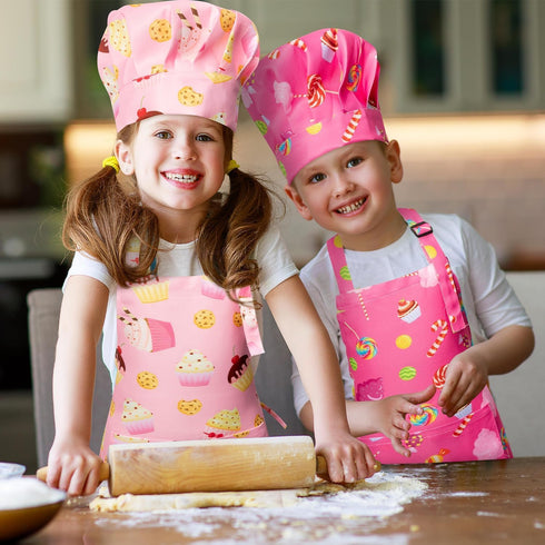 GROBRO7 4Pcs Set 2 Kids Apron and Chef Hat Gift for Girls Boys, Cookie Cupcake Candy Prints Kitchen Pretend Play Child