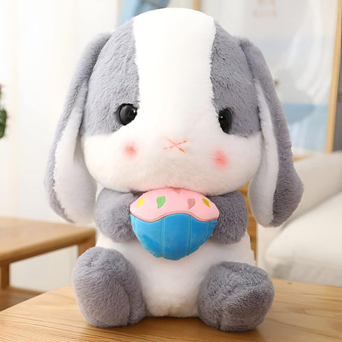 HOUPU Soft Toy - Sitting Lop Eared Rabbit, Easter White Rabbit Stuffed Bunny Animal with Carrot Soft Lovely Realistic Long-Eared Standing Pink Plush Toys (Ash White-Cake,8.6in/22cm)