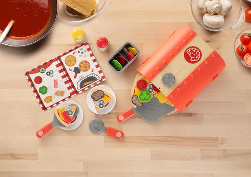 Set, Set, 3 Fat Brain Toys Pretendables Backyard Pizza Oven Kids Pretend Play Food Accessory with Storage, Pizza Play