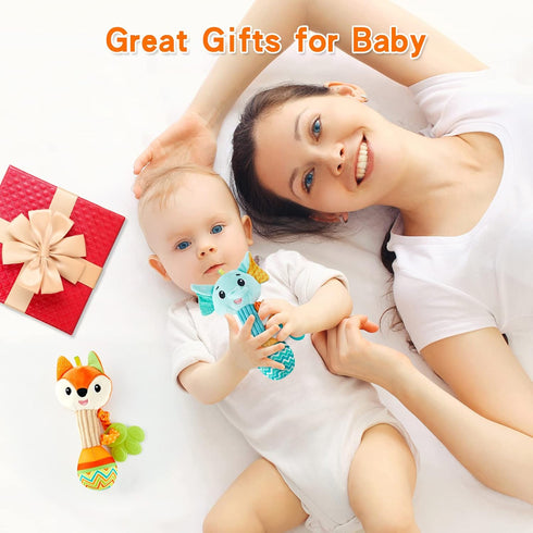 Baby Rattles 0-6 Months, Soft Sensory Shaker Teething Toys for Babies 6-12 Months, 2PCS Plush Animal Toys