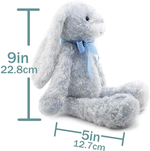 14" Blue Bunny Stuffed Animal for Kids and Newborns, Huggable Plush Rabbit Toy with Bow for Boys and Girls