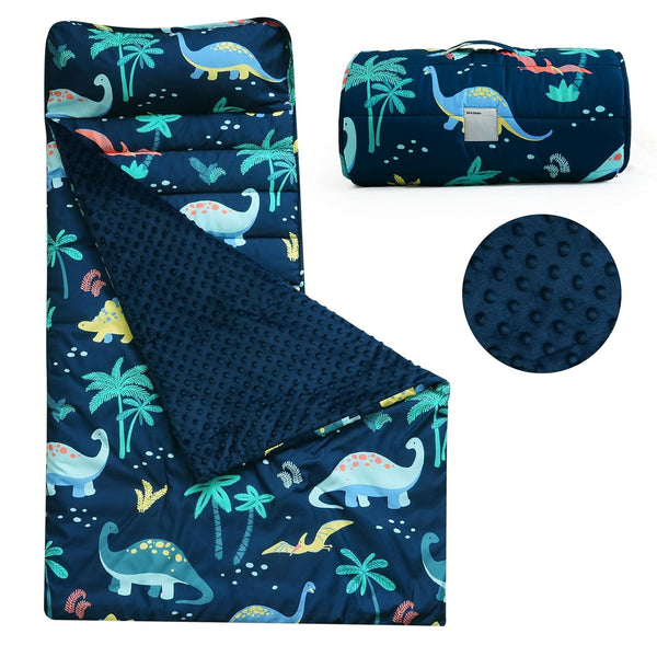 PHF Toddler Nap Mat with Removable Pillow and Minky Fleece Blanket, Dinosaur Design for Kids