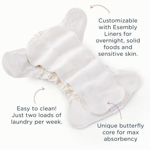 3-Pack, 1 (7-17lbs) Esembly Cloth Diaper Inner - Organic Cotton Fitted Diaper- Soft, Ultra-Absorbant, Trim-Fitting