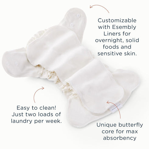 3-Pack, 2 (18-35lbs) Esembly Cloth Diaper Inner - Organic Cotton Fitted Diaper- Soft, Ultra-Absorbant, Trim-Fitting