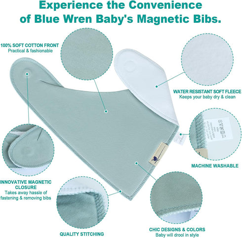 Blue Wren Baby Co 5-pack Magnetic Bandana Drool Bibs - Magnetic Closure Baby Bibs - Safe, Easy, Chic Teething Bib
