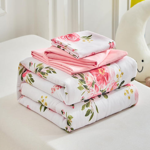 Set 4 Set Flower Toddler Bedding for Girls Pieces White Floral Toddler Bed with Pink Roses and Green Leaves - Includes
