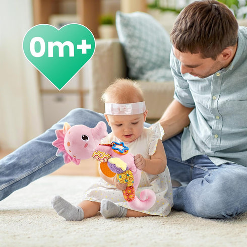 Baby Toys Musical Seahorse, Soft Sensory Stuffed Animal with Crinkle and Rattles for Newborns (Pink)