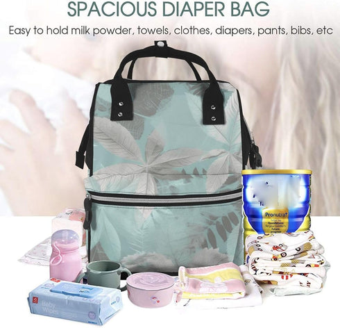 FHEDVBN Backpack Mummy Backpacks Daypack Mint Gray Leaves Diaper Bag for Women Multifunction Waterproof for Mom Dad