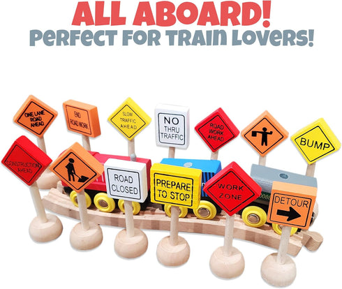 Toy Wooden Road Construction Traffic Sign Set; Street Signs for Small Toy Cars and Diecast Vehicles