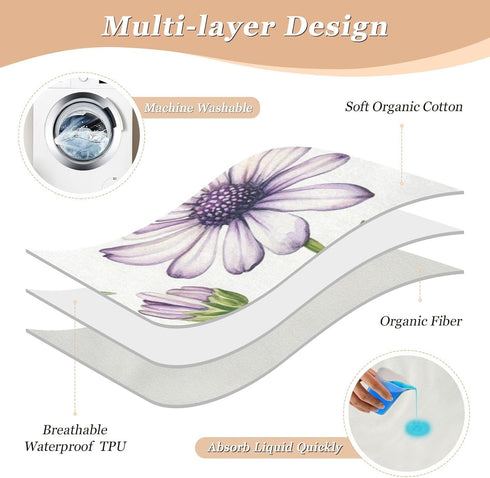 FRODOTGV 52" 34" Light Purple Florals Extra Large Resuable Baby Bed Pad Water Resistant Mattress Pad Non-Slip Pee Mats