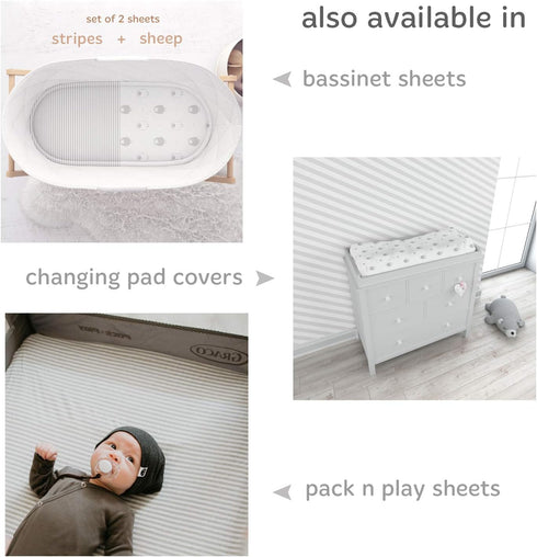 2 Pack 28 52" Cuddly Cubs Jersey Cotton Crib Mattress Sheets for Baby Boy, Girl - Grey Stripes, Sheep Toddler Bed