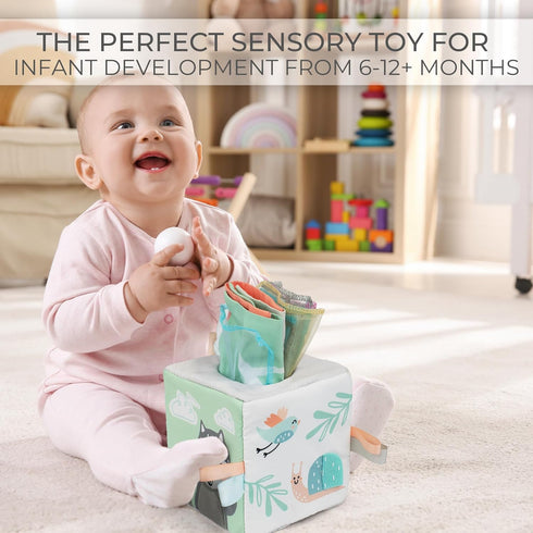 Fun Baby Tissue Box with Mirror, Soft Montessori Toy with Crinkle Paper & Fabric Tissues for Newborns 6-12+ Months
