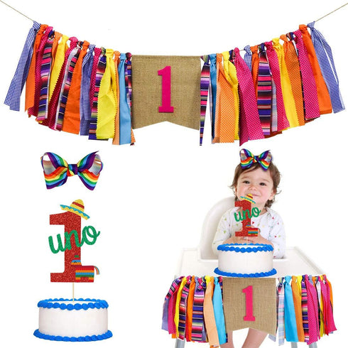 Mexican Fiesta 1st Birthday Party Decor, Highchair Banner, Glitter Cake Topper & Hair Bow for First Birthday