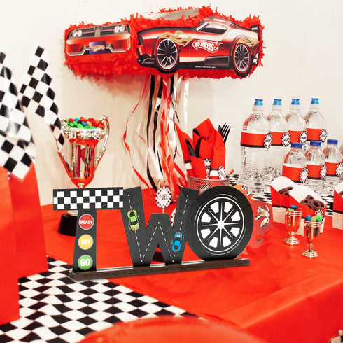 OSNIE Race Car Two Letter Sign Wooden Table Centerpiece, Let’s Go Racing Checkered Theme 2nd Party Supplies Decoration