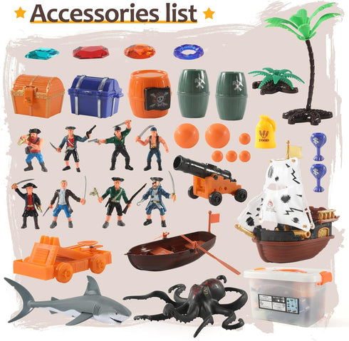 Playset 50 Set 2 3 4 5 6 Pirate Action Figures with Boat, Treasure Chest, Cannons, Shark, Pirate Ship Toys-Pirate Toy