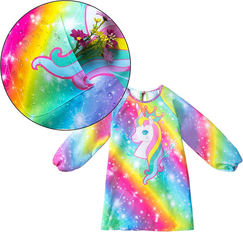 PASHOP Kids Art Smocks Unicorn Waterproof Painting Apron for Girls Boys, Long Sleeve Smock with Pocket