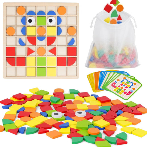 Wooden Pattern Blocks 142PCS Montessori Mosaic Puzzle Geometric Shapes Tangrams for Kids