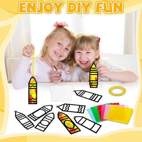 32 Sets Back to School Crayon Suncatchers Craft Kit DIY Window Stained Glass Effect Crayons Paper Crafts for Home