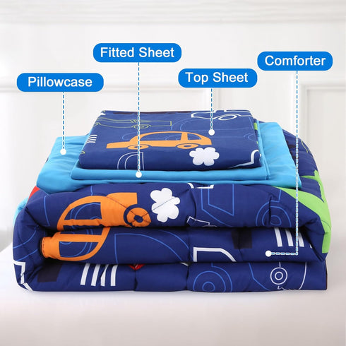 Set 4 Set, Set, Wowelife Car Toddler Bedding for Boys, Pieces Blue Toddler Bed Comforter Standard Toddler Comforter