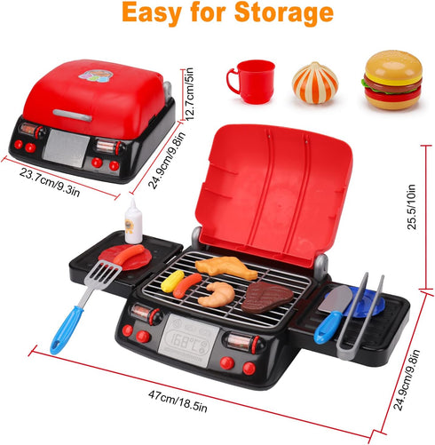 Kids Play Food Grill with Pretend Smoke Sound, Light Kitchen Playset BBQ Accessories for Toddler Girl Boy, 2-6 Year Old
