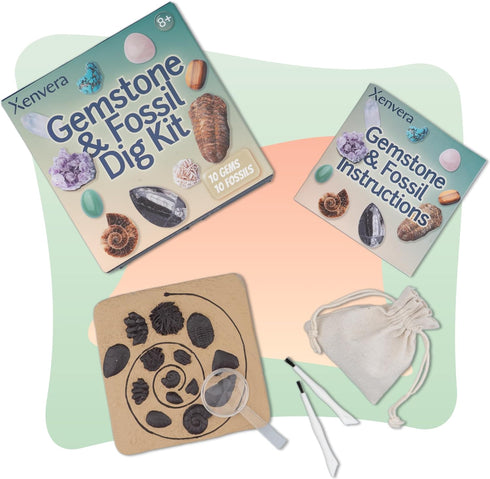 10 10 Set, 8+ Gemstone and Fossil Dig Kit Excavate Gems and Fossils, STEM Geology Educational Toy, Science Kit for Kids