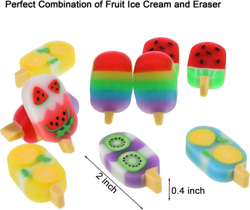 DOMG 16Pcs Ice Cream Erasers for Kids, Cute Fruit Shaped Fun Food Erasers for Classroom Rewards and Party Favors