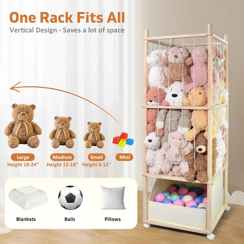 BENCHRY Stuffed Animal Storage with Tiny Toys Tray, Wood Stuffed Animal Zoo Storage with Brake Wheels, Space-Saving