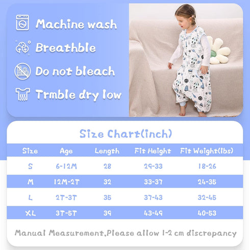 WONDAY Toddler Sleep Sack with Legs, 0.5T Cotton Sleeveless Baby Sleep Bag, Wearable Blanket for 2t-3t