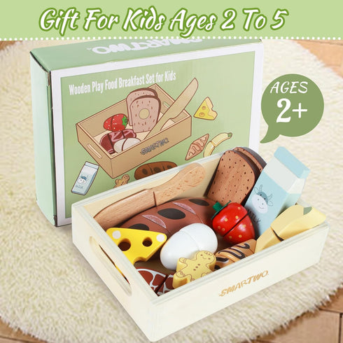 Sets 3+ Wooden Play Food for Kids Kitchen, Breakfast Food Toys for Toddlers Year Old, Pretend Food Play Cutting Bakery