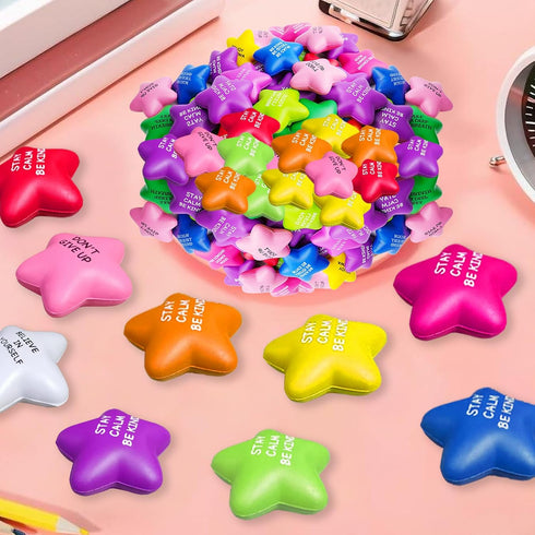 100PCS SHQDD Bulk Star Stress Balls for Adults & Kids - Motivational Quotes Soft Foam Stress Relief Squeeze Toys