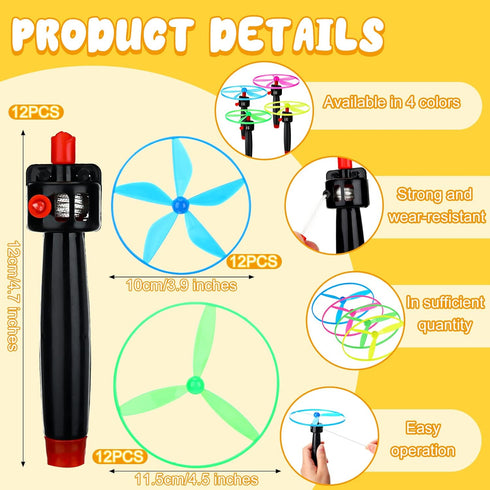 Flying Disc Helicopter Toy Disco Flyers, 12 String Launchers and 24 Flying Discs for Outdoor Fun