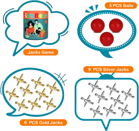 Jacks Game with Ball, Retro Vintage Jax Game for Kids and Adults, Classic Board Game with 18 Metal Jacks