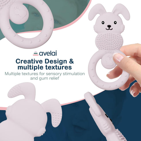 avelai 3-6 0-12 Bunny Baby Teether - Teething Toys for Babies Months Teething Relief, Silicone Baby Teether Toys BPA