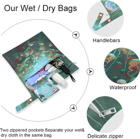 visesunny Fantasy Jellyfish 2Pcs Wet Bag with Zippered Pockets, Washable Reusable Diaper Bag for Travel, Beach, Daycare
